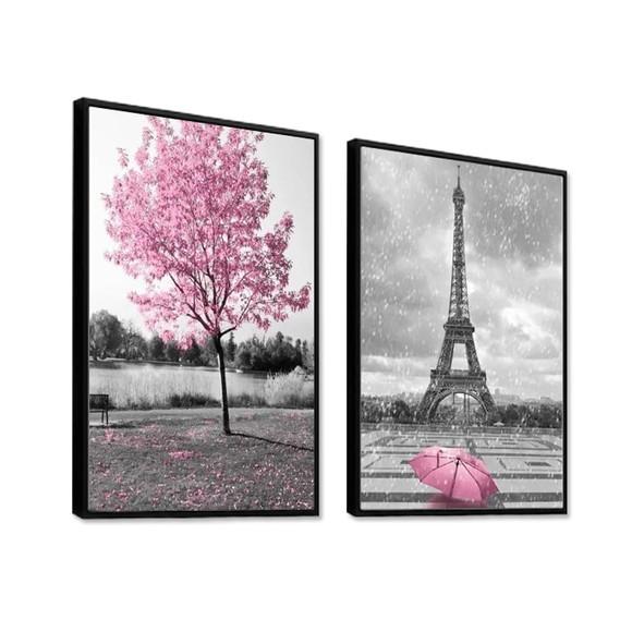 Kit 2 Quadros Arvore Rosa Cidades Paris Decoração Molduras