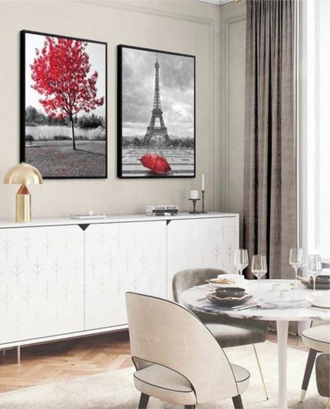 Kit 2 Quadros Arvore Vermelha Cidade Paris Decoração Moldura