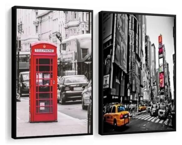 Kit 2 Quadros Cidades Londres e Nova York Decoração Moldura
