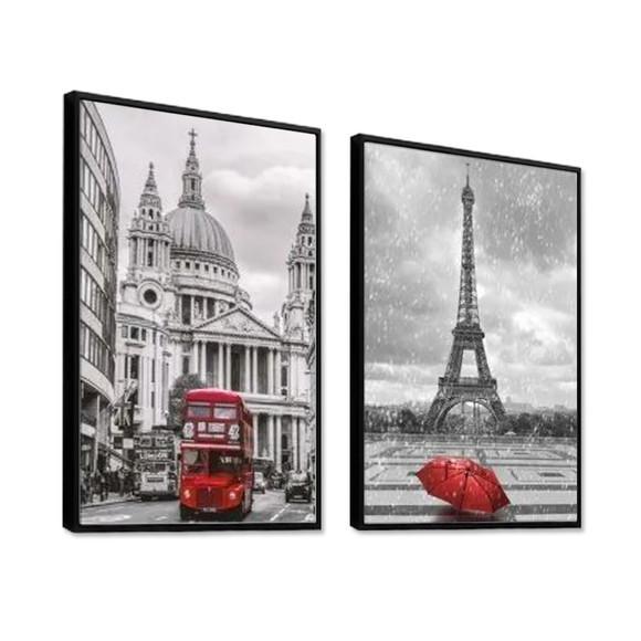 Kit 2 Quadros Cidades Londres e Paris Decoração Com Moldura