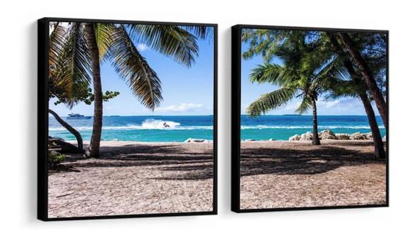 Kit 2 Quadros Coqueiros Praia Decoração Paisagem Com Moldura