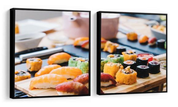 Kit 2 Quadros Cozinha Japonesa Sushi Decoração Com Molduras