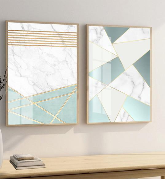 Kit 2 Quadros Decorativos Abstrato Azul com Moldura e Vidro