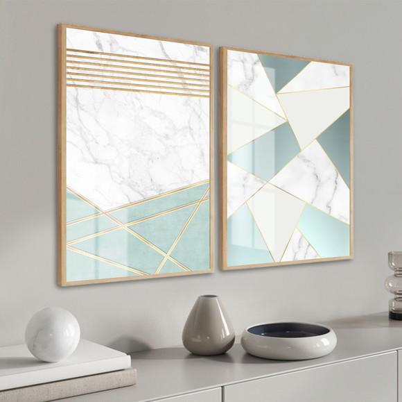 Kit 2 Quadros Decorativos Abstrato Azul com Moldura e Vidro