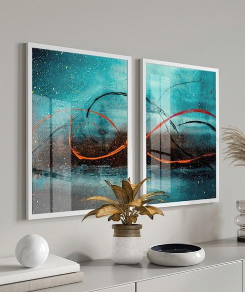 Kit 2 Quadros Decorativos Abstrato Azul Com Moldura e Vidro