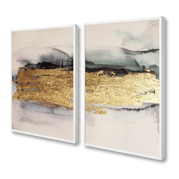Kit 2 Quadros Decorativos Abstrato Dourado Mármore Moldura