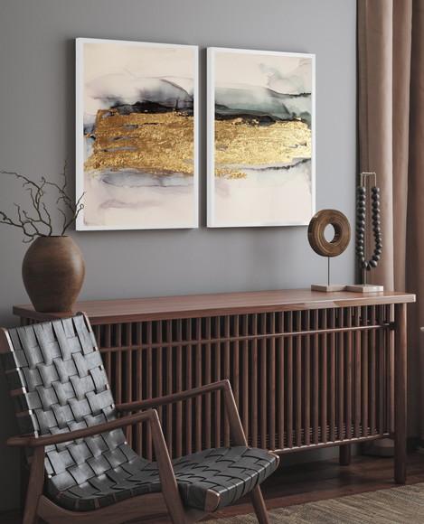 Kit 2 Quadros Decorativos Abstrato Dourado Mármore Moldura