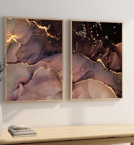 Kit 2 Quadros Decorativos Abstrato Dourado Moderno Moldura
