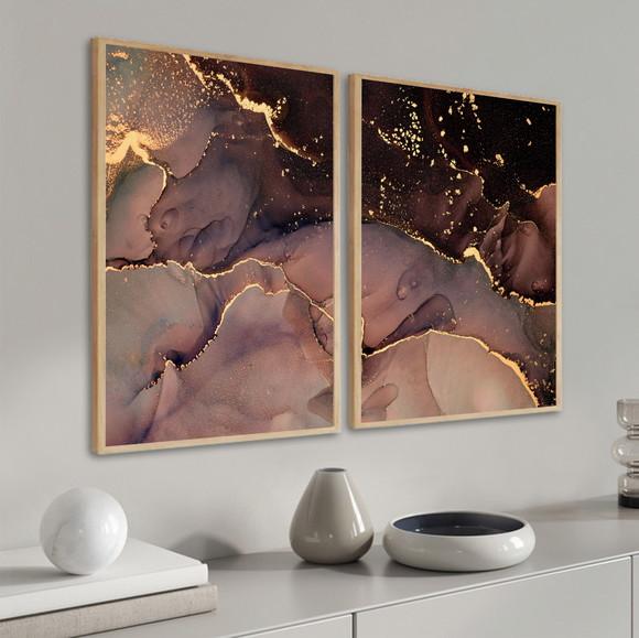 Kit 2 Quadros Decorativos Abstrato Dourado Moderno Moldura