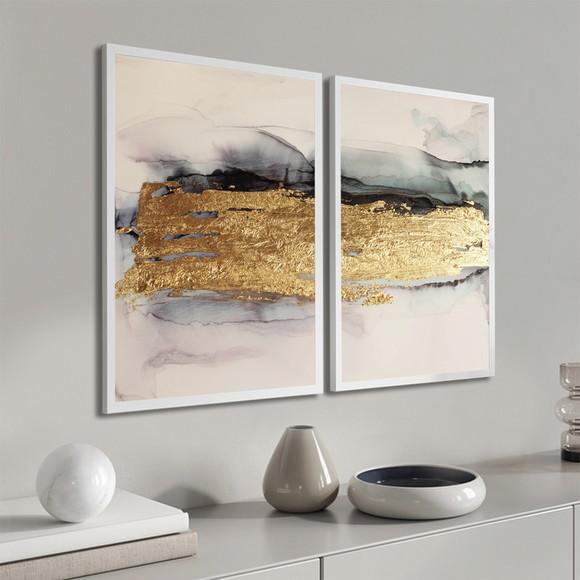 Kit 2 Quadros Decorativos Abstrato Dourado Mármore Moldura