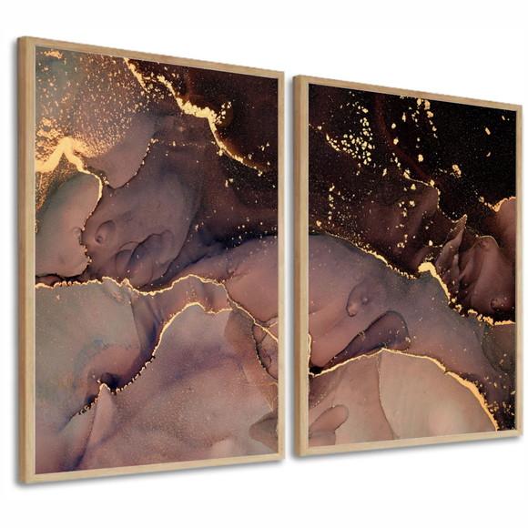 Kit 2 Quadros Decorativos Abstrato Dourado Moderno Moldura