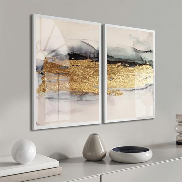 Kit 2 Quadros Decorativos Abstrato Dourado Moldura e Vidro