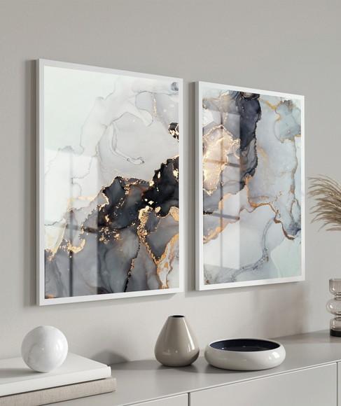 Kit 2 Quadros Decorativos Abstrato Dourado Moldura e Vidro