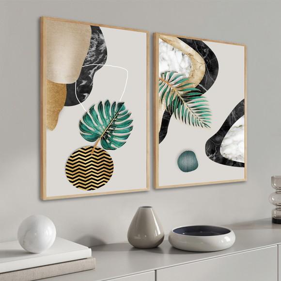 Kit 2 Quadros Decorativos Abstrato Folhagem Gold Com Moldura