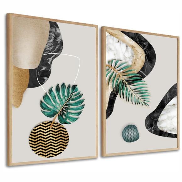 Kit 2 Quadros Decorativos Abstrato Folhagem Gold Com Moldura