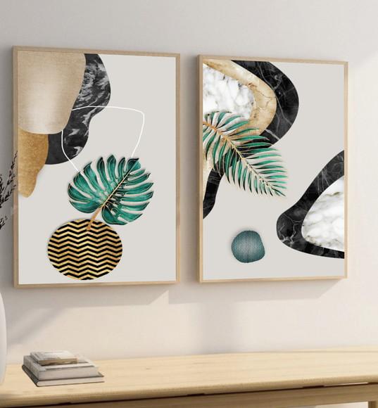 Kit 2 Quadros Decorativos Abstrato Folhagem Gold Com Moldura