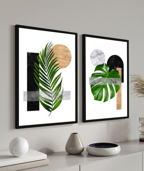 Kit 2 Quadros Decorativos Abstrato Folhagem Verde Moldura