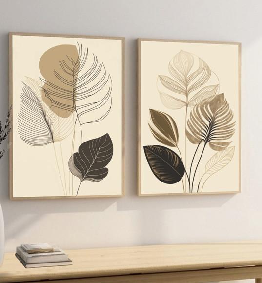 Kit 2 Quadros Decorativos Abstrato Folhas Bege Moldura Vidro