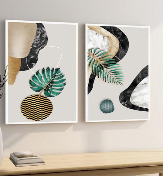 Kit 2 Quadros Decorativos Abstrato Folhas Com Moldura