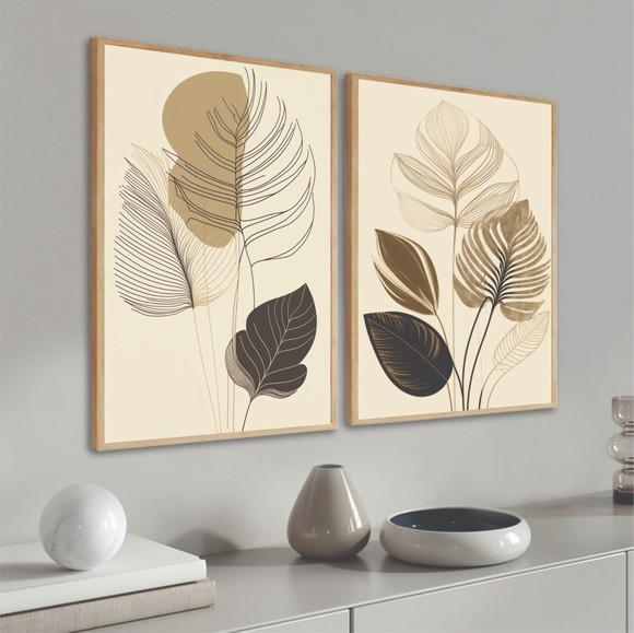 Kit 2 Quadros Decorativos Abstrato Folhas Bege Moldura Vidro