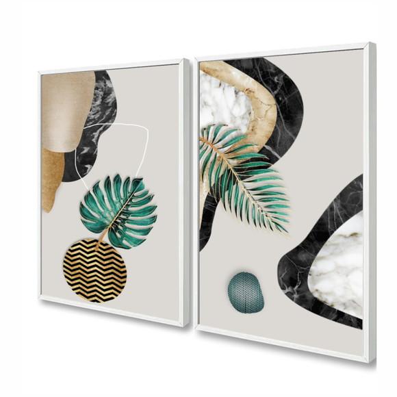 Kit 2 Quadros Decorativos Abstrato Folhas Com Moldura