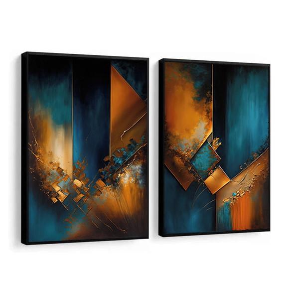 Kit 2 Quadros Decorativos Abstrato Laranja Azul Moderno Hall