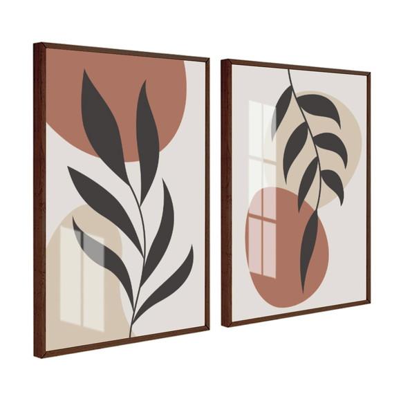 Kit 2 Quadros Decorativos Abstrato Marrom Folhagem Moldura