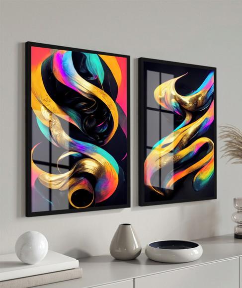 Kit 2 Quadros Decorativos Abstrato Moderno Com Moldura Vidro
