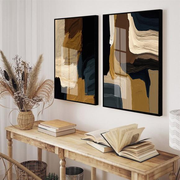 Kit 2 Quadros Decorativos Abstrato Moderno Marrom com Vidro