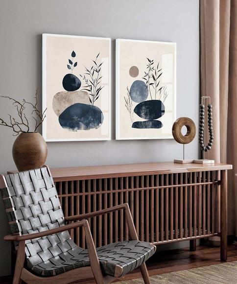 Kit 2 Quadros Decorativos Abstrato Moderno Folhas Azul Vidro
