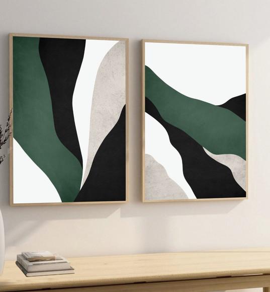 Kit 2 Quadros Decorativos Abstrato Moderno Verde Com Moldura