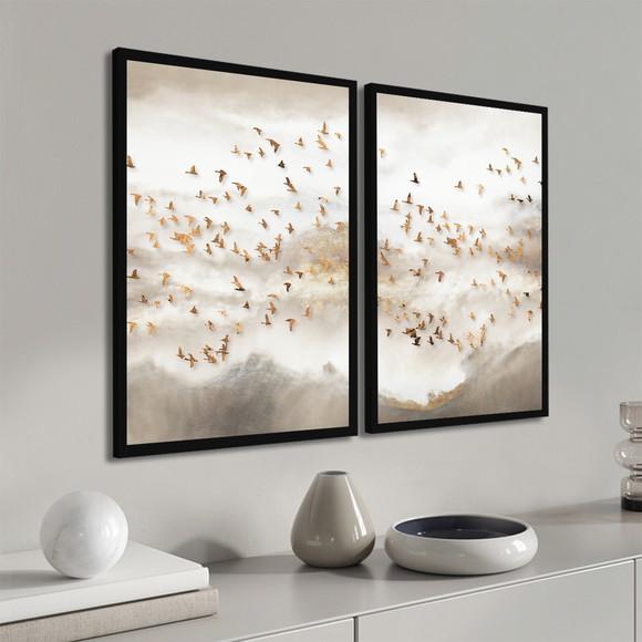 Kit 2 Quadros Decorativos Abstrato Pássaros Dourados Moldura