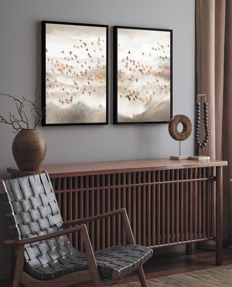 Kit 2 Quadros Decorativos Abstrato Pássaros Dourados Moldura