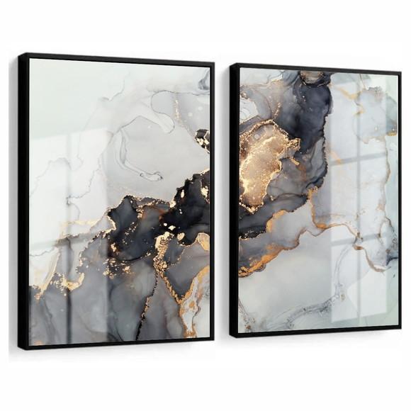Kit 2 Quadros Decorativos Abstrato Preto Gold Moldura Vidro