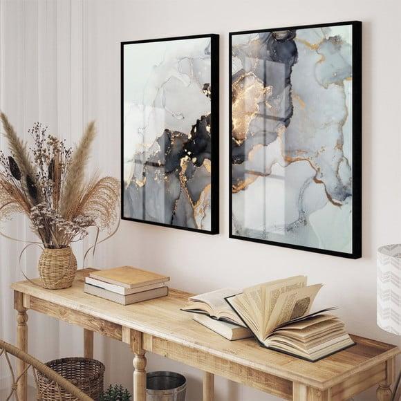 Kit 2 Quadros Decorativos Abstrato Preto Gold Moldura Vidro