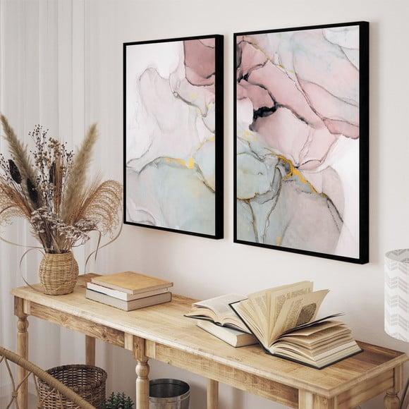 Kit 2 Quadros Decorativos Abstrato Rosa Dourado Com Moldura
