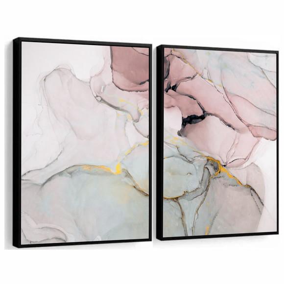 Kit 2 Quadros Decorativos Abstrato Rosa Dourado Com Moldura