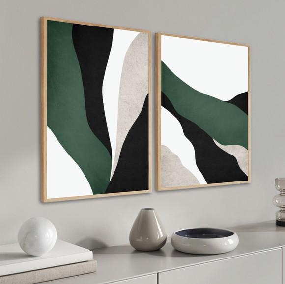 Kit 2 Quadros Decorativos Abstrato Moderno Verde Com Moldura