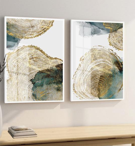 Kit 2 Quadros Decorativos Abstrato Verde e Dourado com Vidro