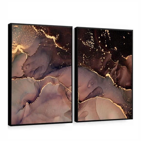 Kit 2 Quadros Decorativos Abstratos Dourados Moderno Moldura