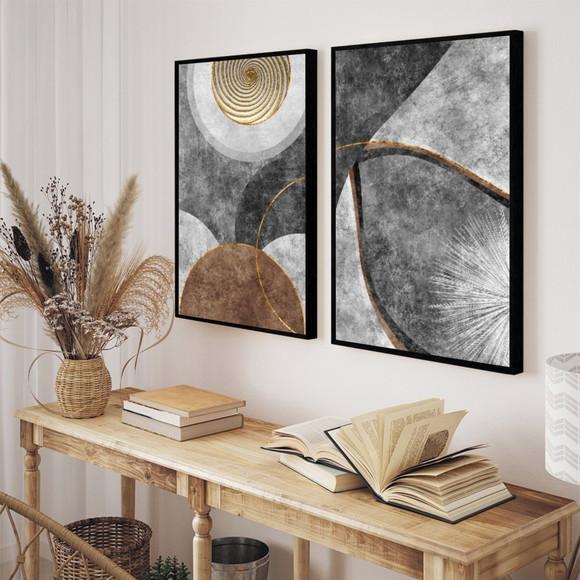 Kit 2 Quadros Decorativos Abstratos Modernos Marrom Moldura