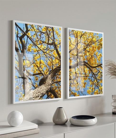 Kit 2 Quadros Decorativos Arvore Amarela Com Moldura E Vidro