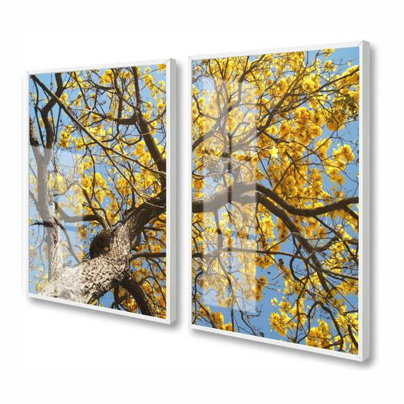Kit 2 Quadros Decorativos Arvore Amarela Com Moldura E Vidro