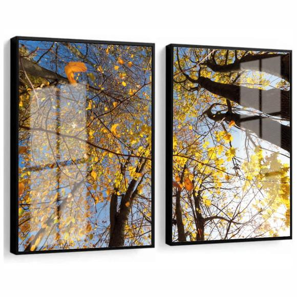 Kit 2 Quadros Decorativos Arvore Amarela Com Moldura E Vidro