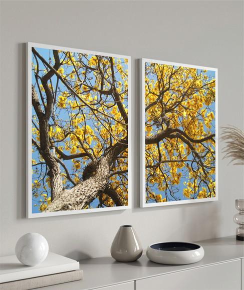 Kit 2 Quadros Decorativos Arvore Amarela Folhagem Moldura
