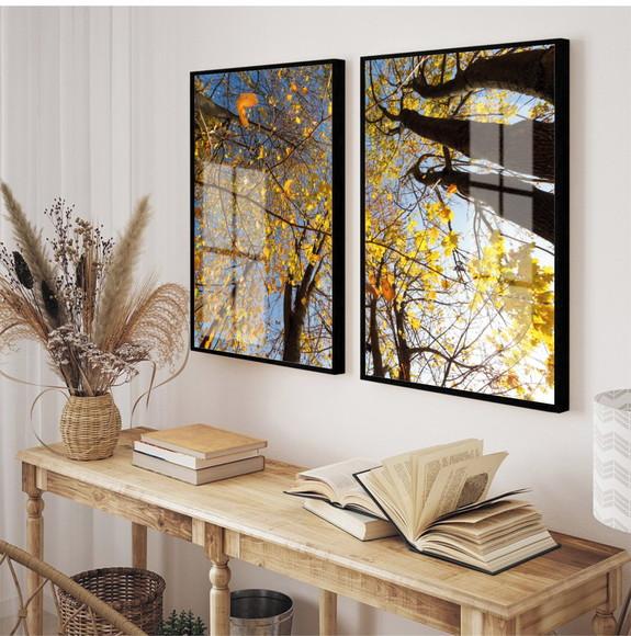 Kit 2 Quadros Decorativos Arvore Amarela Com Moldura E Vidro