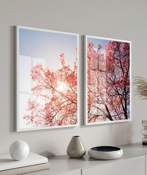 Kit 2 Quadros Decorativos Arvore Cerejeira Moldura e Vidro