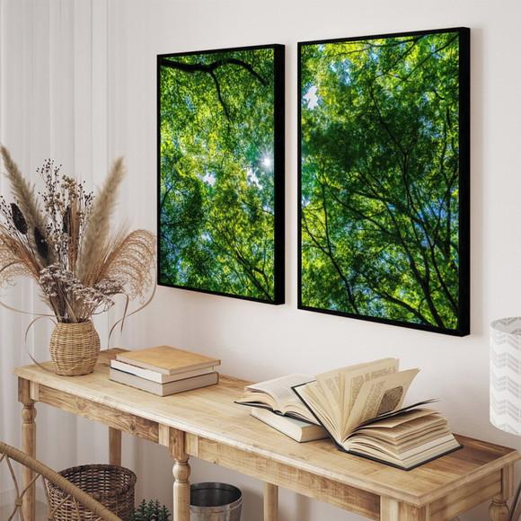 Kit 2 Quadros Decorativos Arvore Folhagem Verde Com Moldura