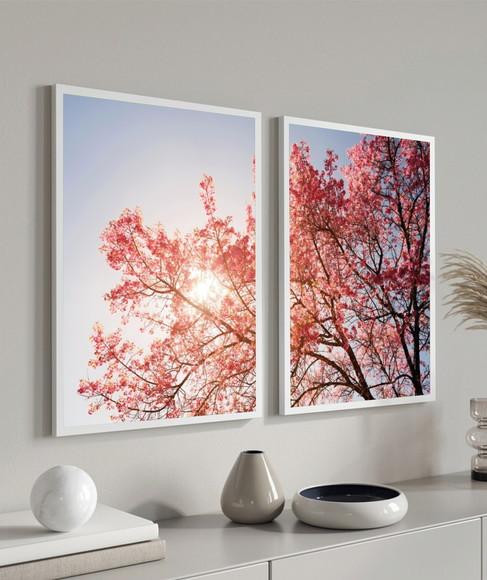 Kit 2 Quadros Decorativos Arvore Flor De Cerejeira Moldura