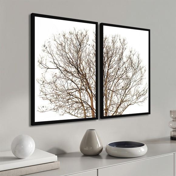 Kit 2 Quadros Decorativos Arvore Galhos com Moldura e Vidro